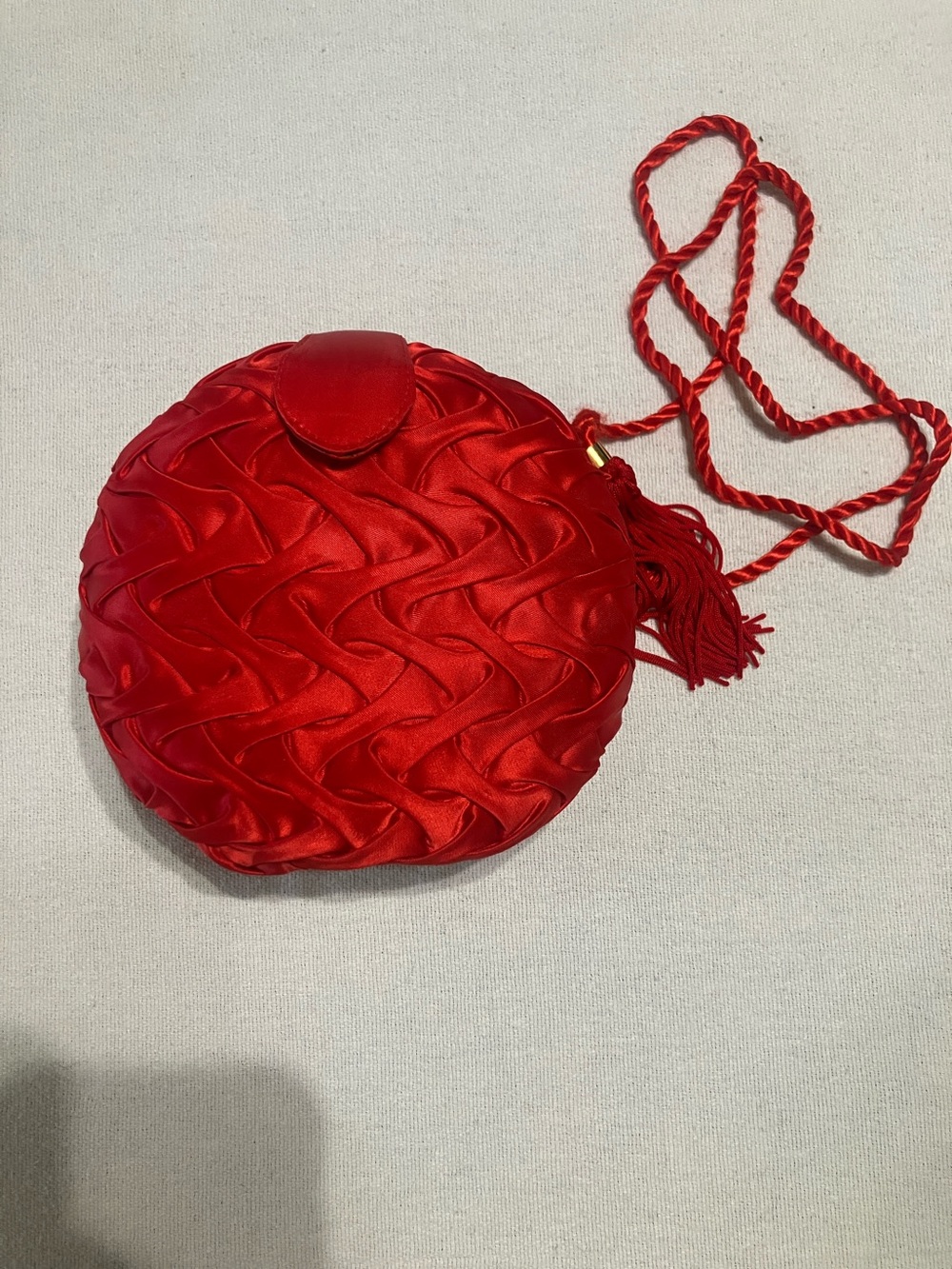 Red Woven Satin Ruched Mini Crossbody Bag with Tassel